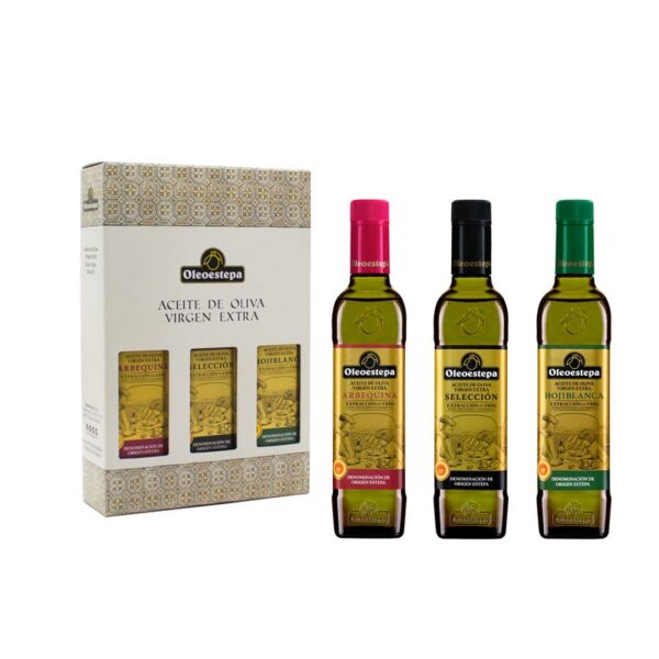 Estuche 3 botellas 500 ml aceite de oliva virgen extra seleccion hojiblanca arbequina
