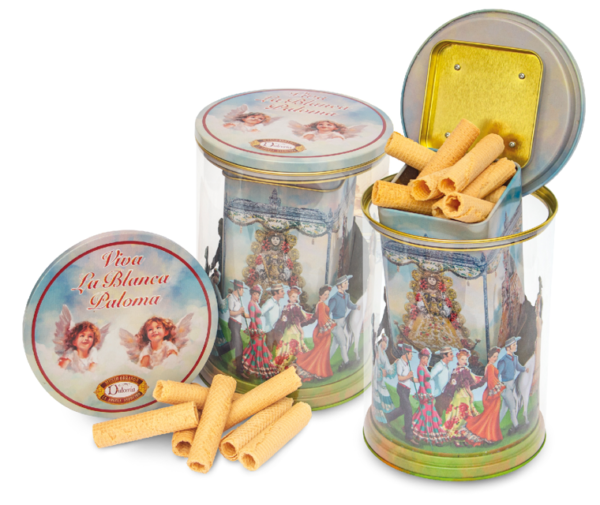 Lata musical virgen del rocio rociera con mini barquillos de canela 75 gramos marca estepa